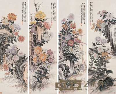 顾伯达 花卉 四屏 161×48cm×4